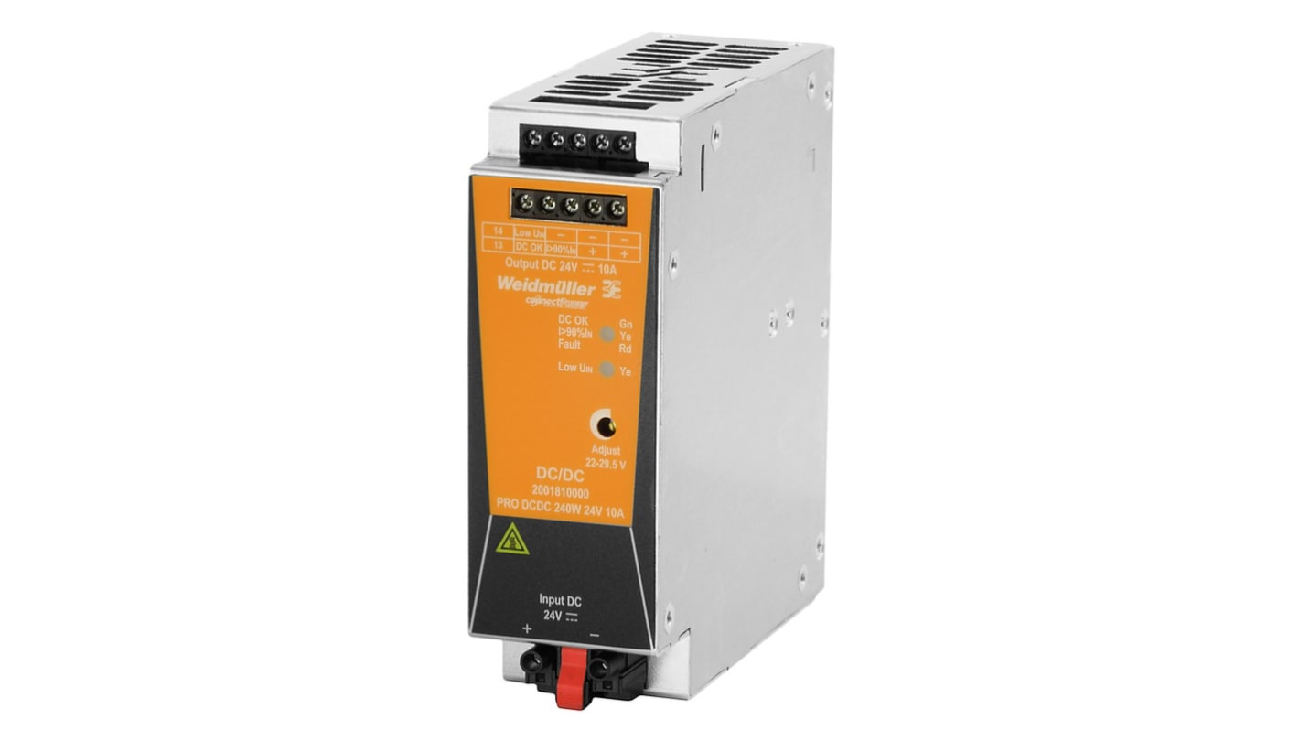 Weidmüller DC-DC Converter, 29.5V dc/ 10A Output, 14 → 32 V dc Input, 240W, DIN Rail, +70°C Max Temp -25°C Min