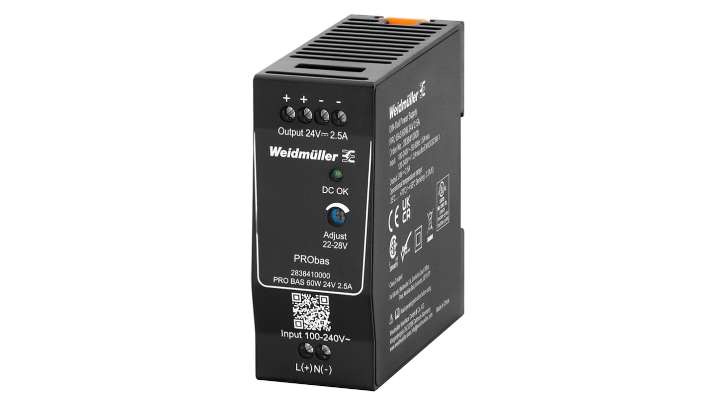 Weidmüller PRO BAS DIN Rail Power Supply, 264V ac ac, dc Input, 24V dc dc Output, 2.5A Output, 60W