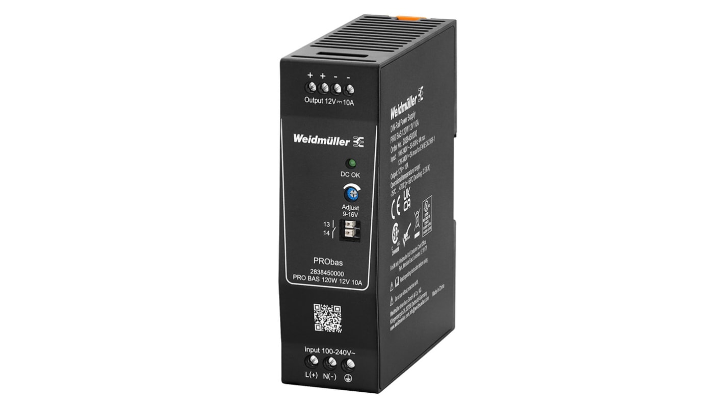 Weidmüller PRO BAS DIN Rail Power Supply, 264V ac ac, dc Input, 12V dc dc Output, 10A Output, 120W