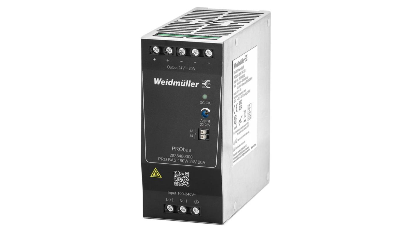 Weidmüller PRO BAS DIN Rail Power Supply, 264V ac ac, dc Input, 24V dc dc Output, 20A Output, 480W