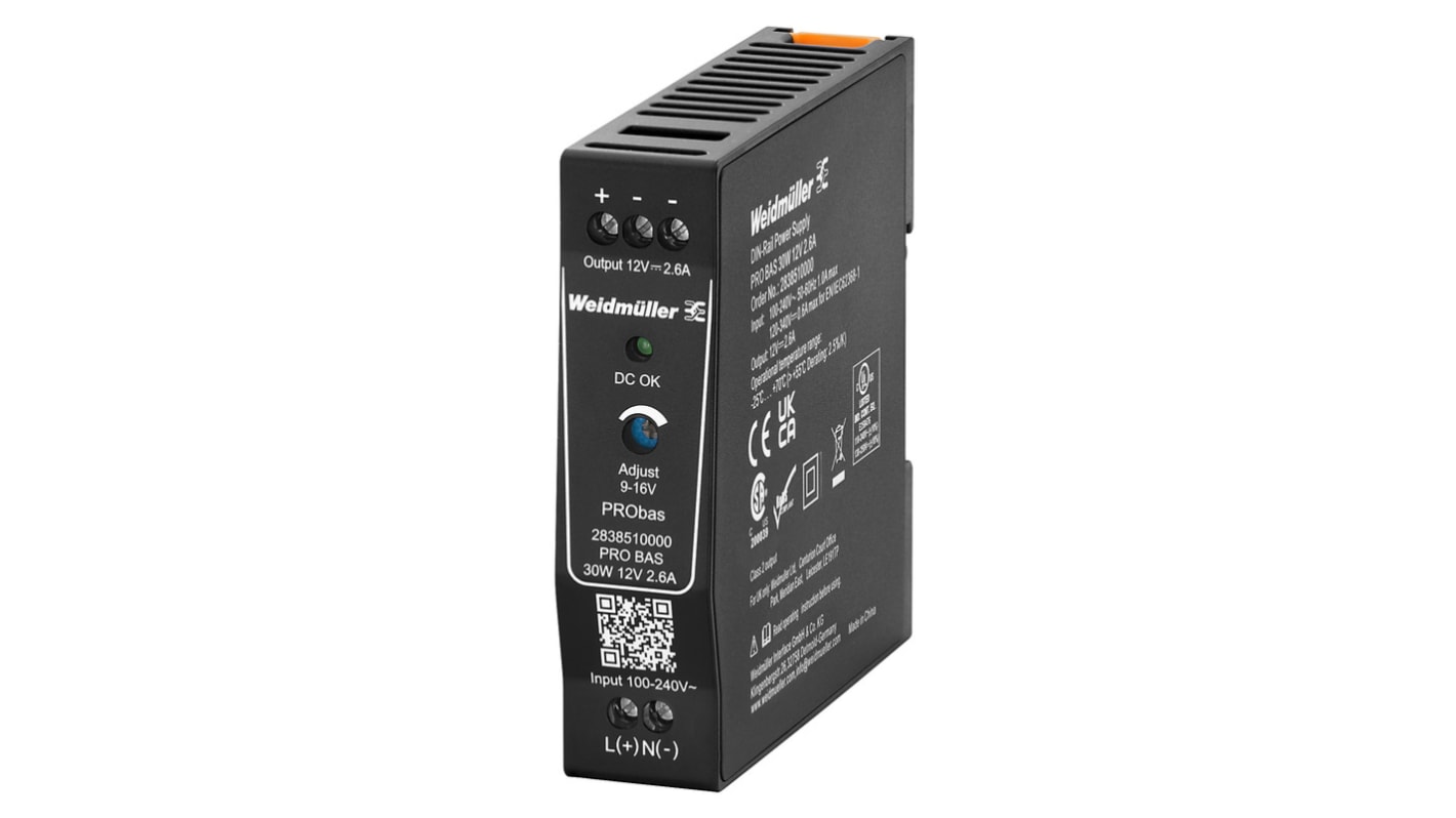 Weidmüller PRO BAS DIN Rail Power Supply, 264V ac ac, dc Input, 12V dc dc Output, 2.6A Output, 30W