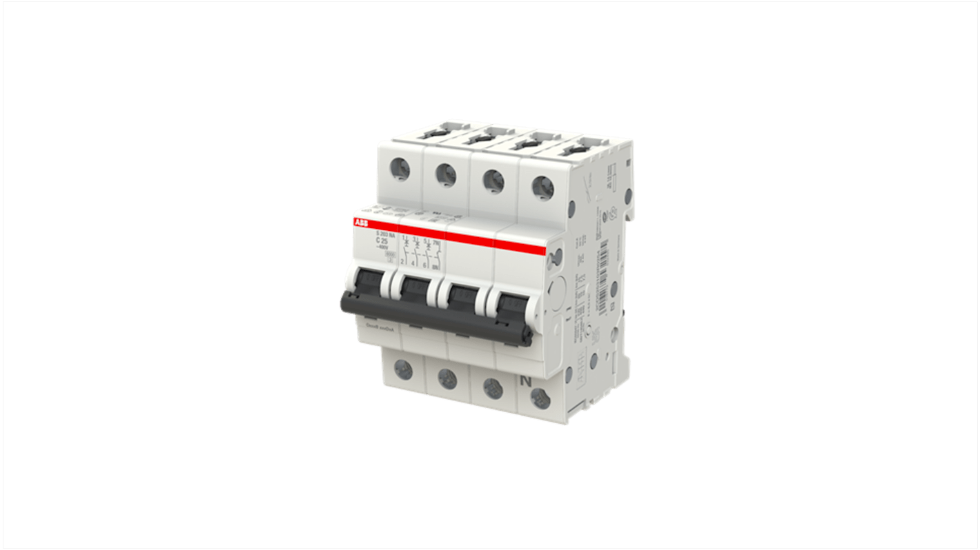 ABB S203 Circuit Breaker, 3+N, 25A Curve C, 440V AC, 110V DC, 10 kA Breaking Capacity