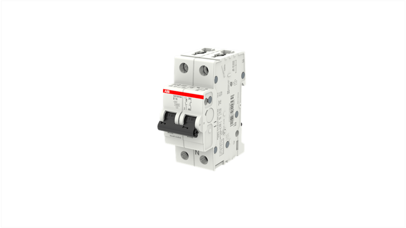 ABB S201M Circuit Breaker, 1+N, 16A Curve B, 230V AC, 60V DC, 10 kA Breaking Capacity