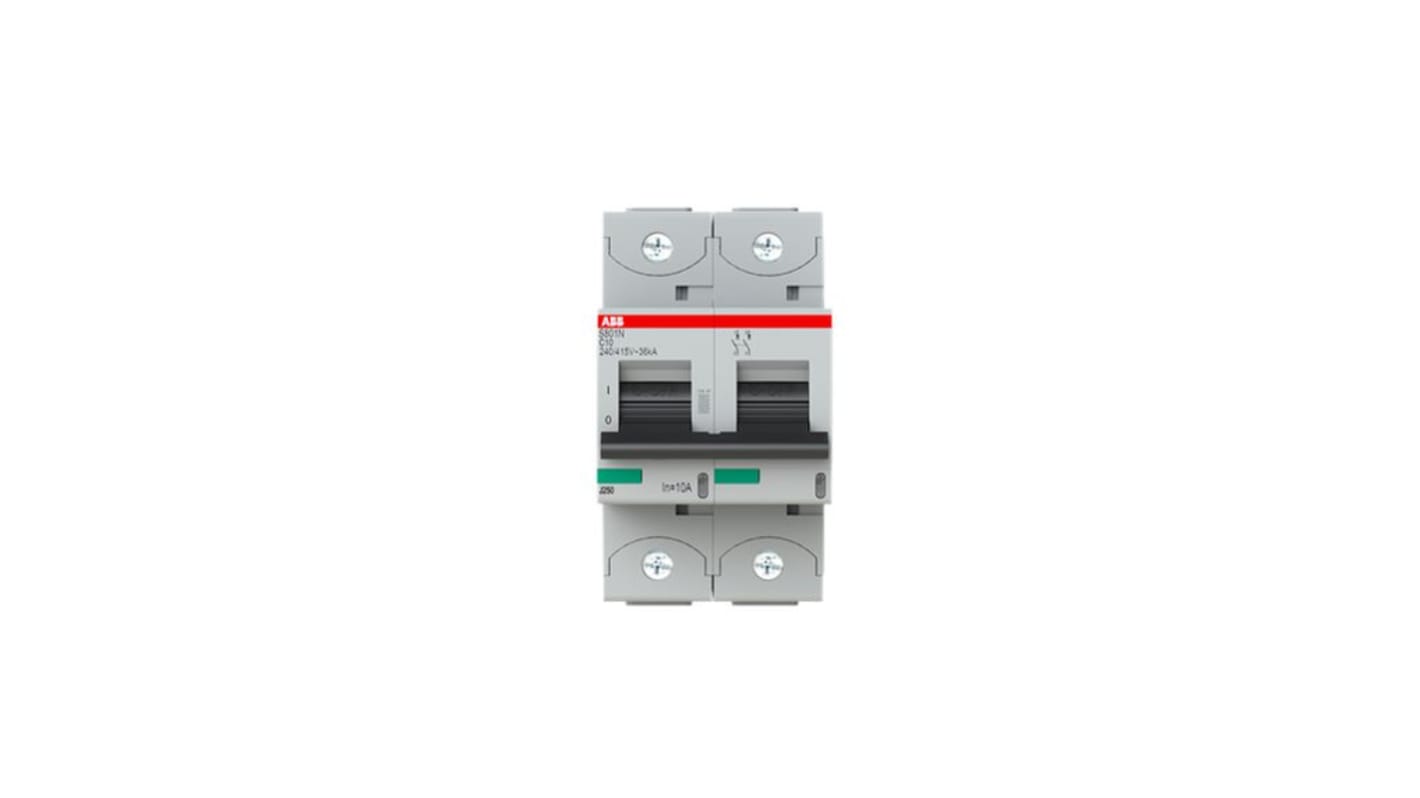 ABB S802 Circuit Breaker, 2P, 10A Curve C, 690V AC, 250V DC, 4.5 kA Breaking Capacity