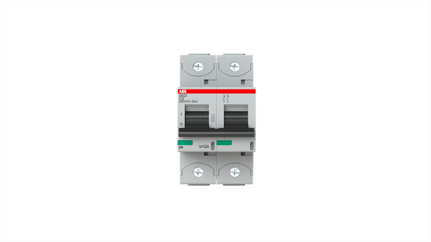 ABB S802 Circuit Breaker, 2P, 32A Curve C, 690V AC, 250V DC, 6 kA Breaking Capacity