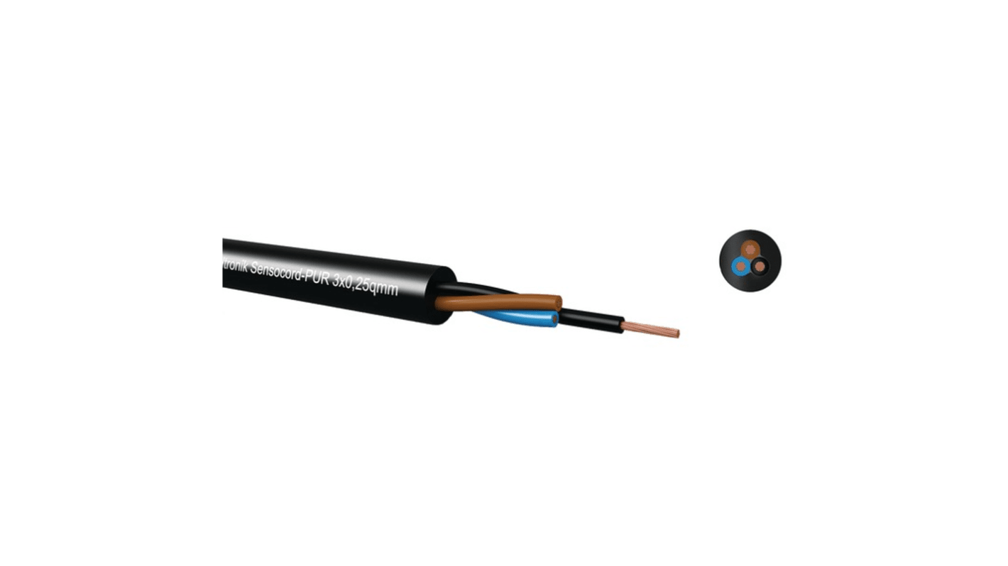 Kabeltronik Multicore Cable, 3 Cores, 0.34 mm², YY, Unscreened, 100m, Black Polyurethane PUR Sheath, 22 AWG