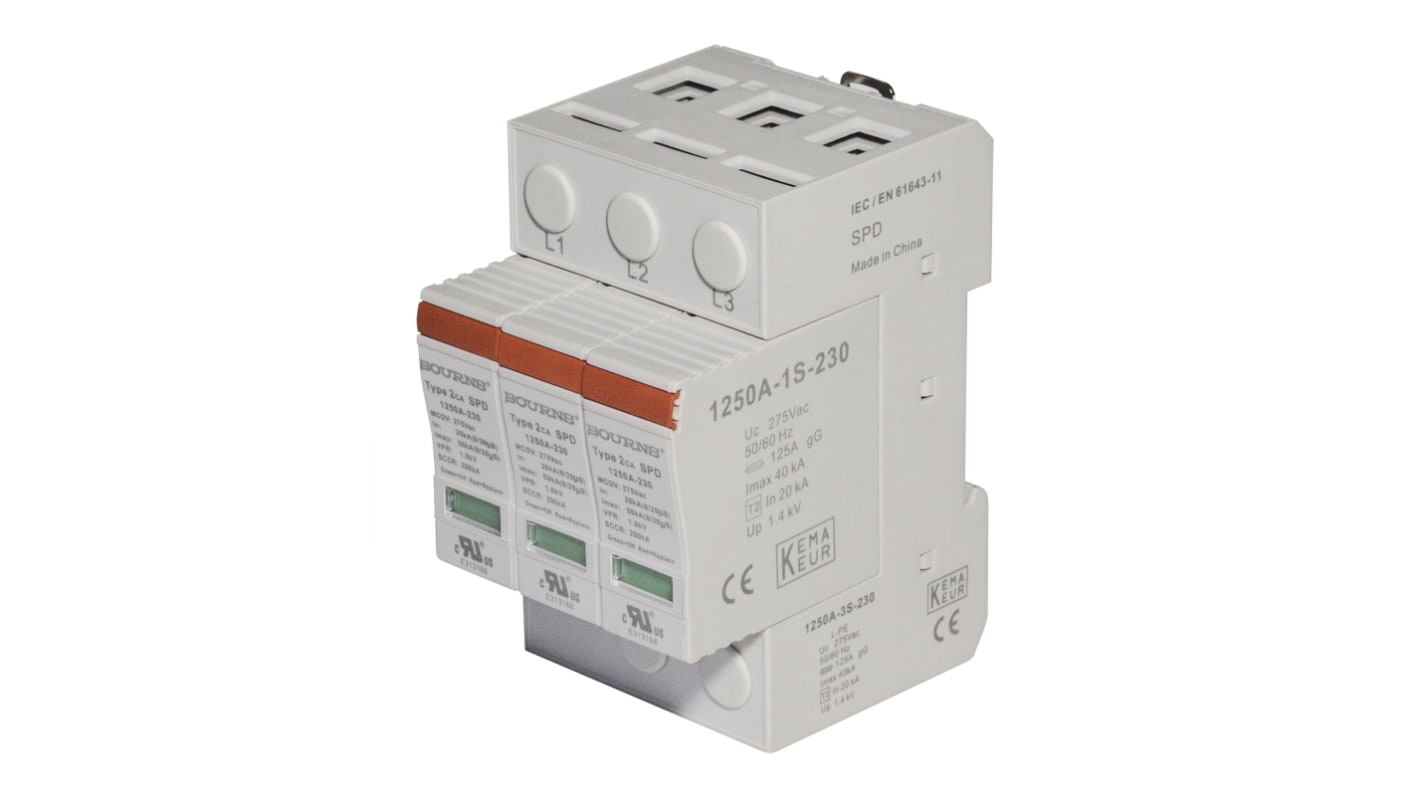 Bourns Single, Three Phase Surge Protector, 50kA, 1kV, DIN Rail Mount