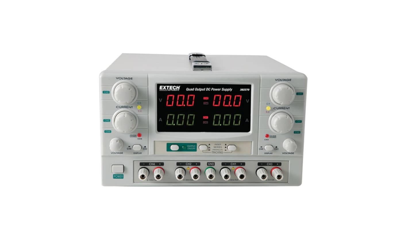 Extech 382 Series Bench Power Supply, 0 → 30 V, 3 → 6.5 V, 8 → 15 V, 0 → 5 A, 1 A, 3 A,