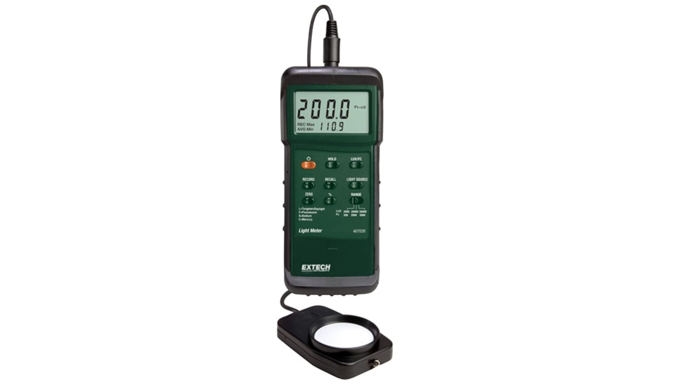 Extech 407026-NIST 照度计, 最大50000lx, 1 lx分辨率, ±4 %精度, 光传感器传感器