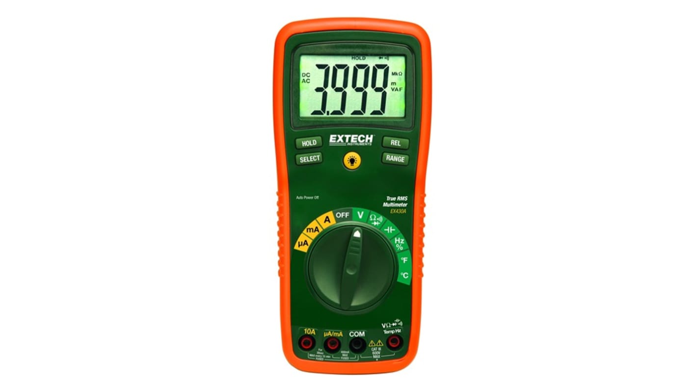 Extech EX430A Backlit LCD Multimeter, 10A ac Max, 10A dc Max, 600V ac Max