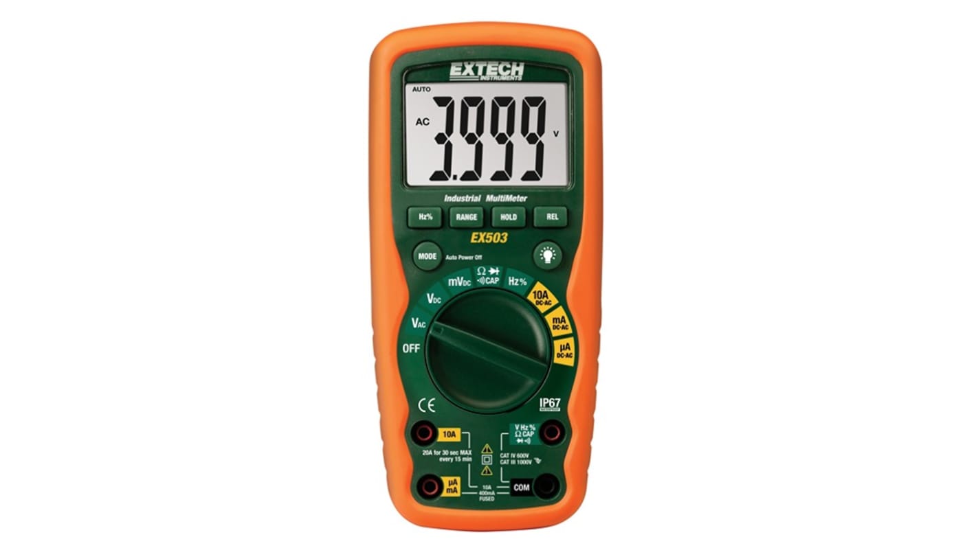 Extech EX503 Backlit LCD Multimeter, 10A ac Max, 10A dc Max, 1000V ac Max