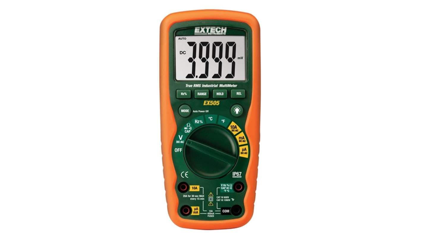 Extech EX505-NIST Backlit LCD Multimeter, 10A ac Max, 10A dc Max, 1000V ac Max