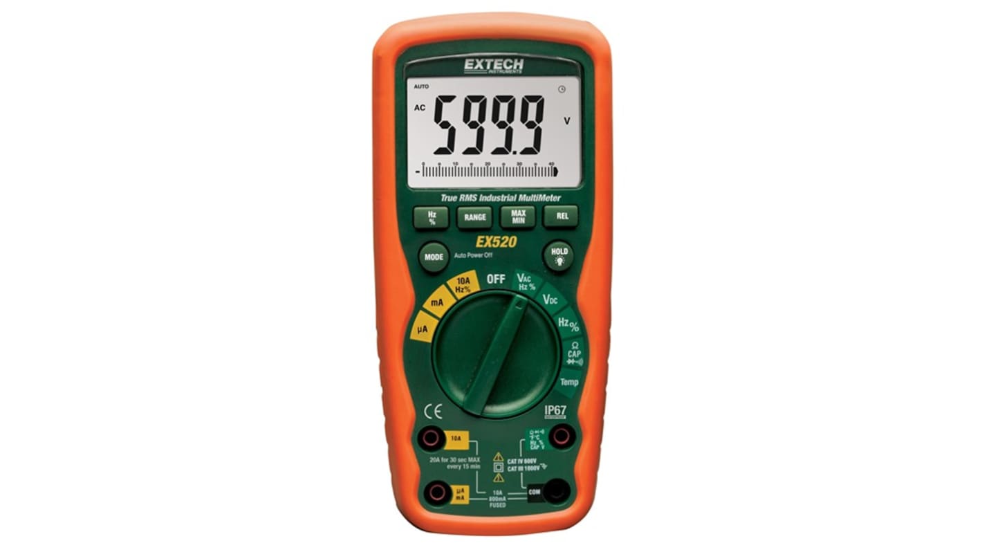 Extech EX520 Backlit LCD Multimeter, 20A ac Max, 20A dc Max, 1000V ac Max