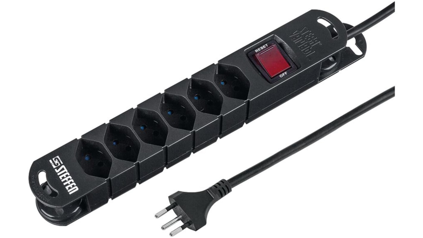 Steffen Type J - Swiss 6 Gang Extension socket, 3m Cable, 10A, 230 V