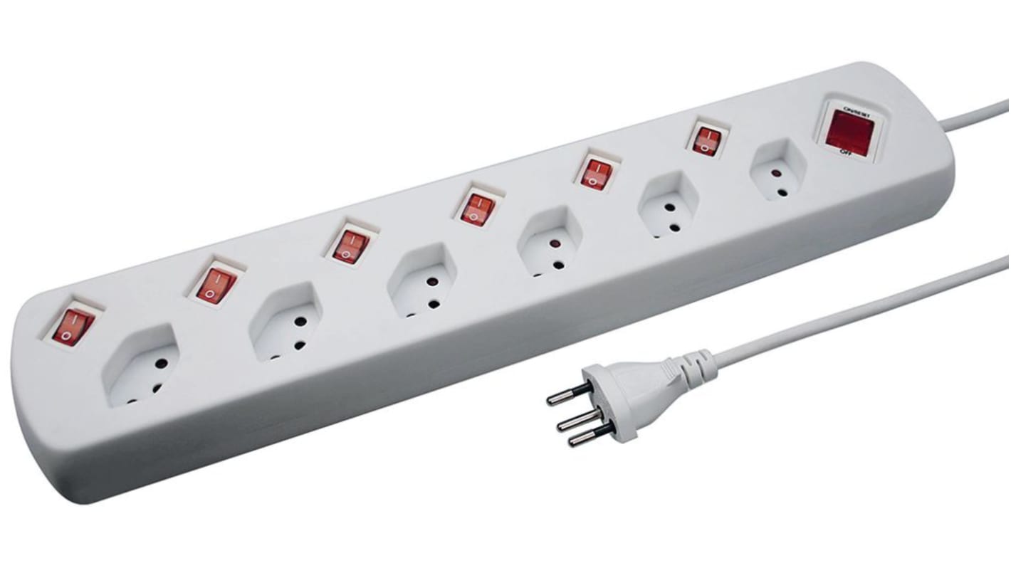 Steffen Type J - Swiss 6 Gang Extension socket, 1.5m Cable, 10A, 250 V