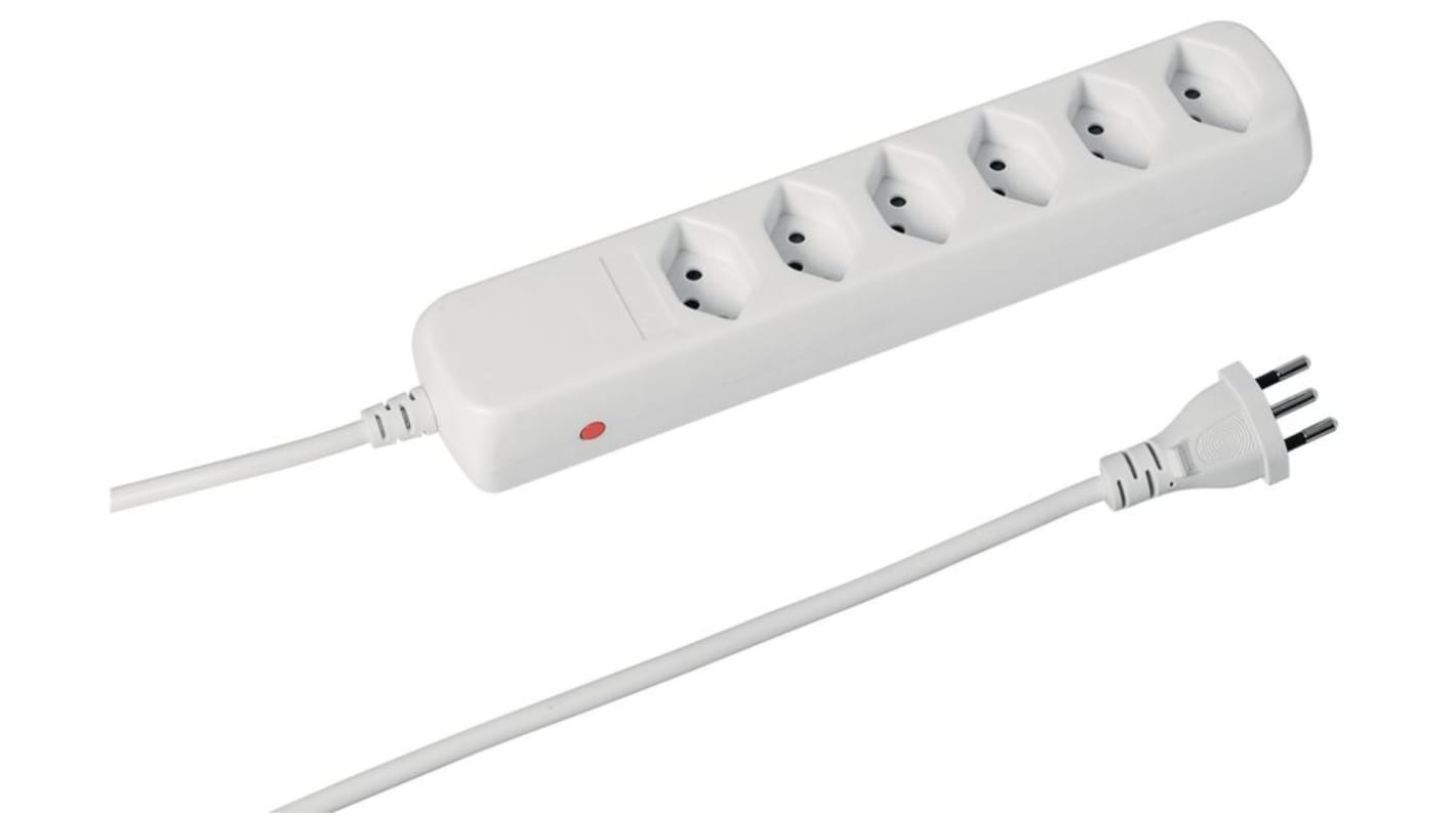 Steffen Type J - Swiss 6 Gang Extension socket, 1.5m Cable, 10A, 230 V