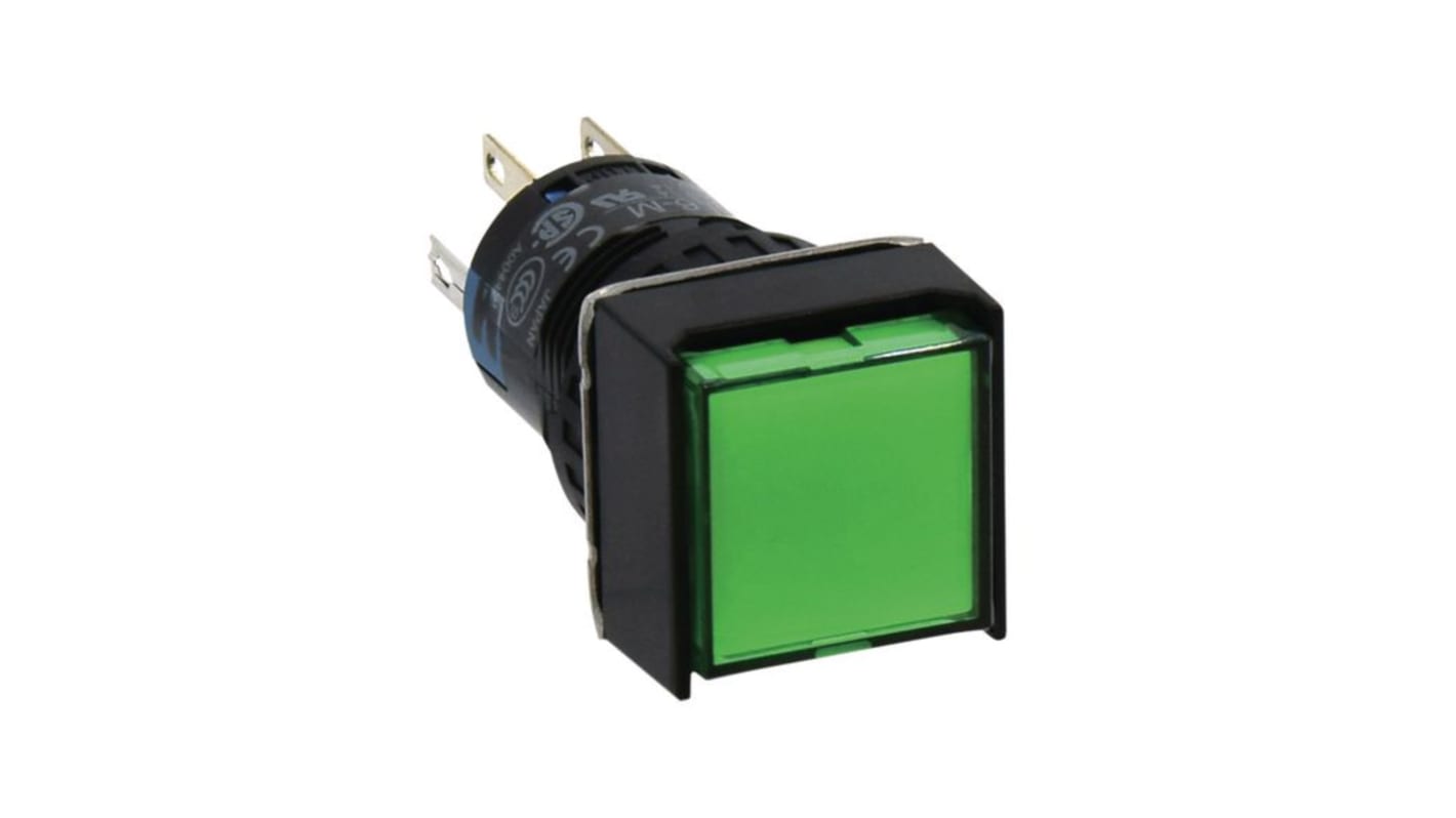 Idec A6 Series Illuminated Illuminated Push Button Switch, Momentary, Panel Mount, 16.2mm Cutout, 2CO, Green LED, 220V