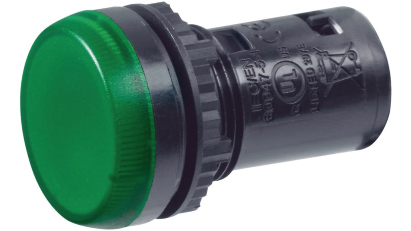 LED-signallampe, Grøn, Diameter: 22mm, 230V ac/dc