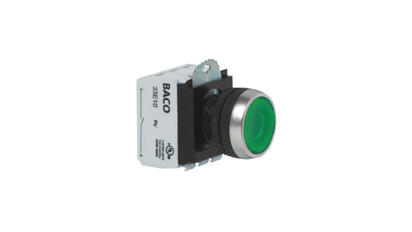 BACO L21 Series Illuminated Push Button Switch, Screw Mount, 22mm Cutout, Green LED, 24V, IP66