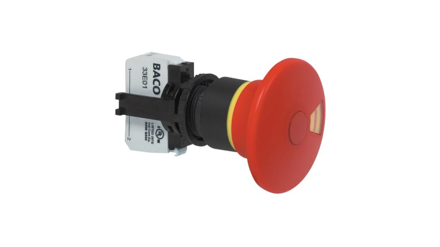BACO L22DU Series Emergency Stop Push Button, Momentary, Panel Mount, 22mm Cutout, 2NC, 240V ac, IP66