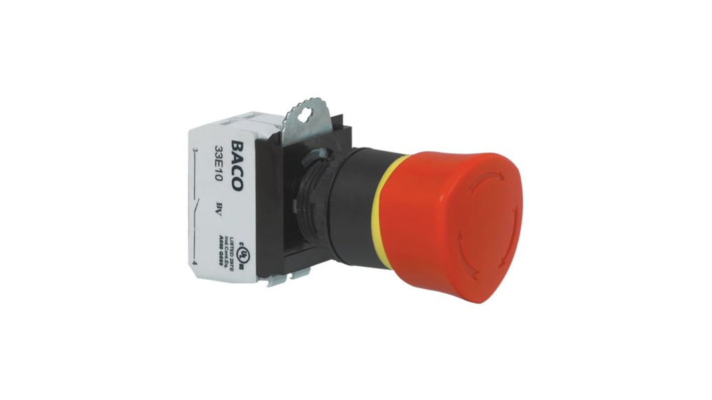 BACO L22ER Series Emergency Stop Push Button, Momentary, Panel Mount, 22mm Cutout, 2NC, 240V ac, IP66