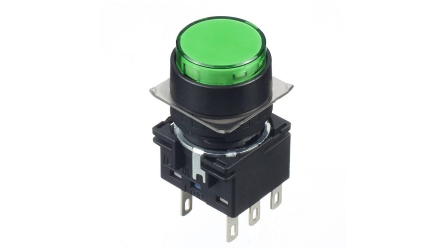 Idec LB1L Series Illuminated Push Button Switch, Panel Mount, 16mm Cutout, Green LED, 24V, IP65