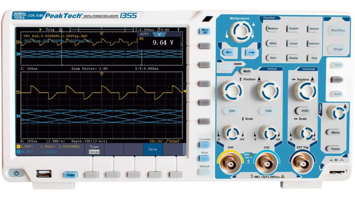 P1355 P13 Series, 60MHz Bench Oscilloscope, 2 Analogue Channels