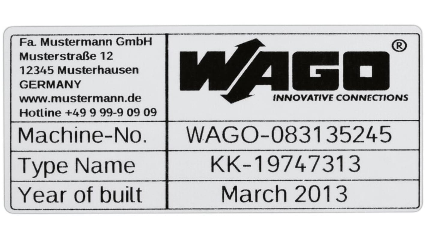 WAGO 210 Silver Black Print Label, 99mm Width, 44mm Height, 500Per Roll Qty