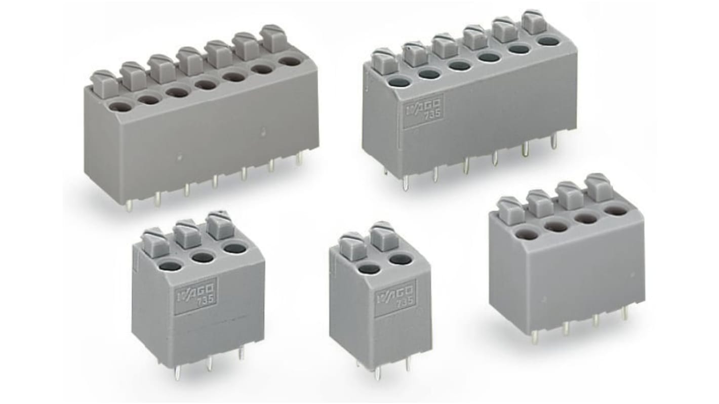 WAGO PCB端子排, 2p, 5mm间距, THT安装, 插线端接, 735系列