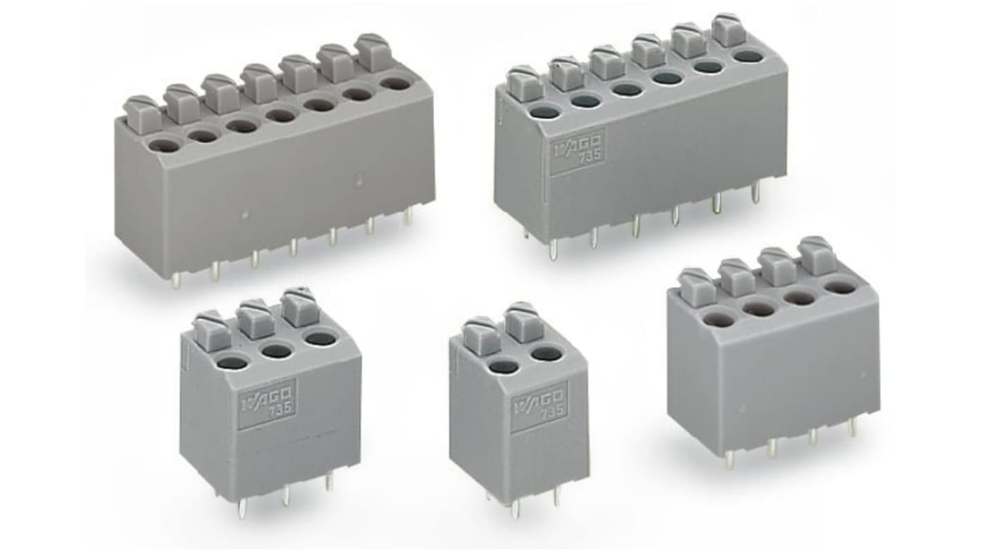 Morsettiera per circuito stampato Wago a 2 vie, 1 fila, passo 5mm, Montaggio con foro passante