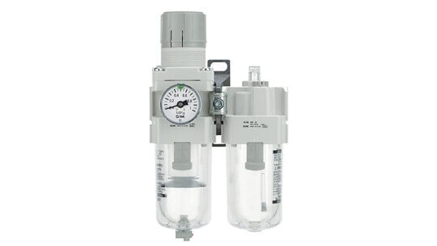 SMC G 1/2 Filter Regulator Lubricator, 5μ Filtration Size Integrated Pressure Gauge