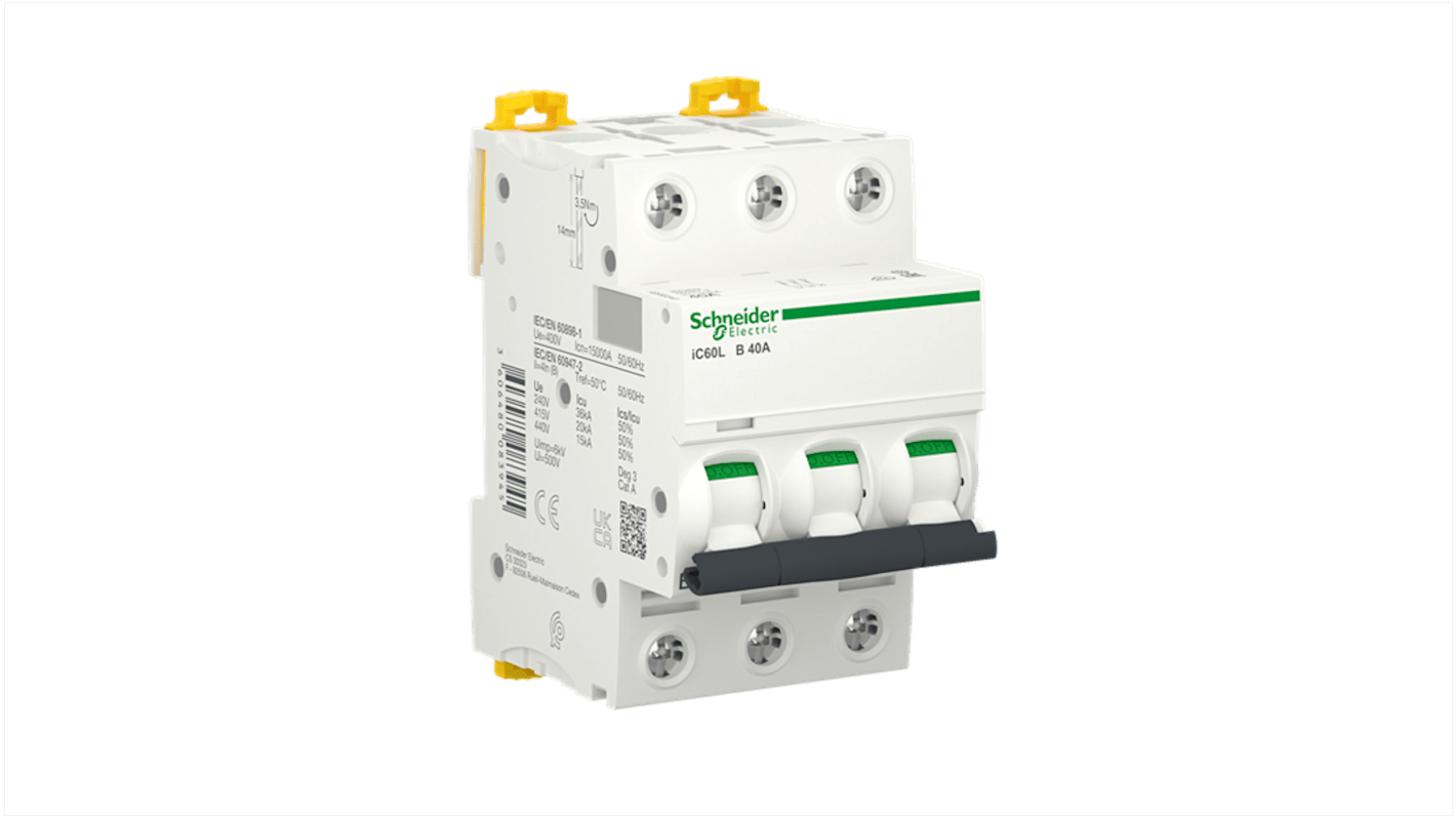 Schneider Electric Acti9 A9F MCB, 3P, 40A Curve B, 400V AC, 180V DC, 15 kA Breaking Capacity