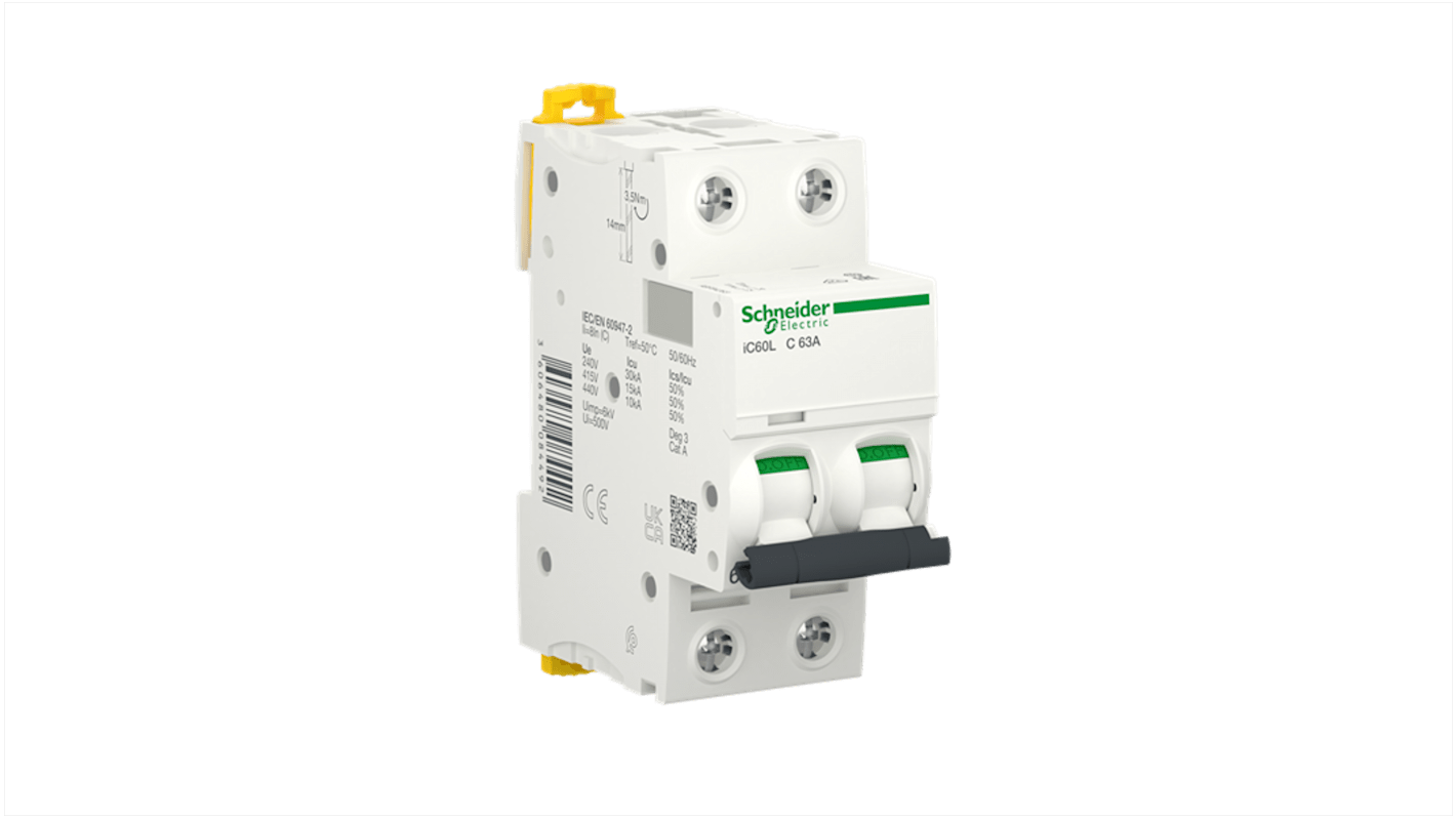 Acti9 A9F MCB, 2P, 63A Curve C, 440V AC, 125V DC, 10 kA Breaking Capacity