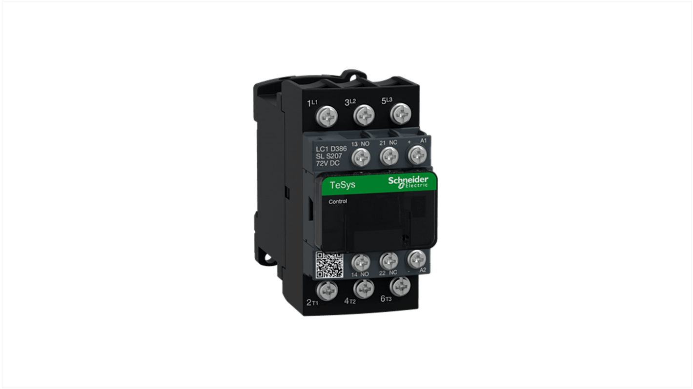 Schneider Electric LC1D Contactor 3NO, 38 A Contact Rating, 9 kW, 72 V dc, 3, TeSys Deca