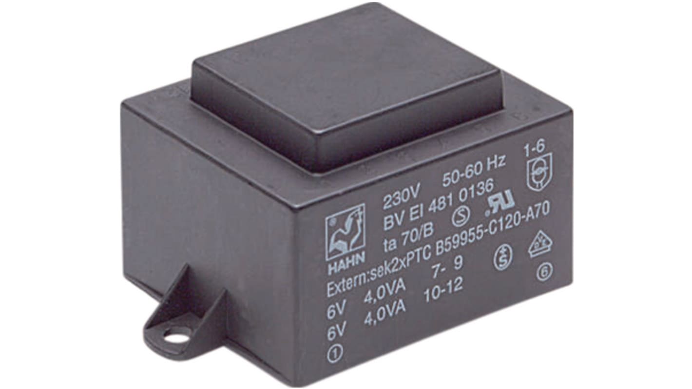 Trasformatore per PCB Hahn, 10VA, primario 230V ca, secondario 1 x 12V ca