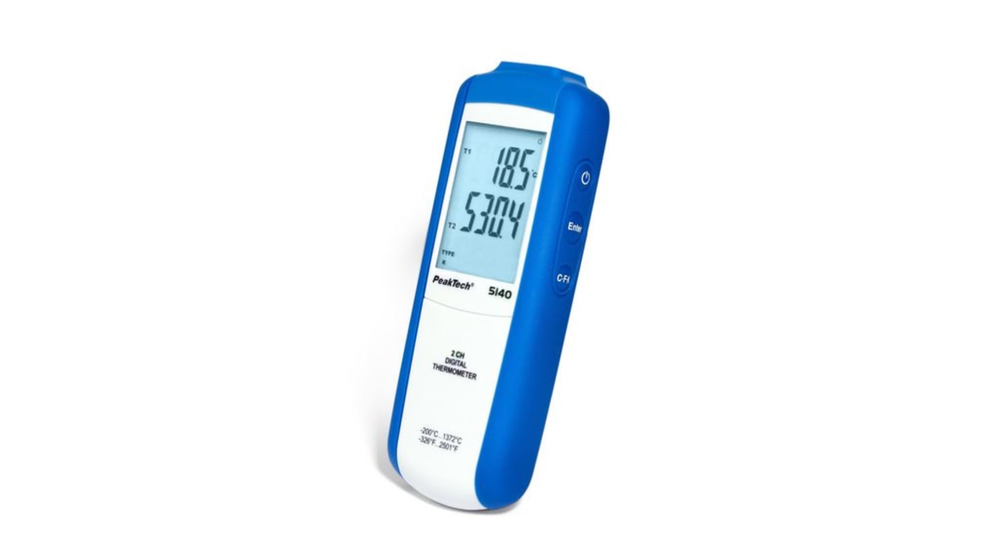 PeakTech Handheld Thermometer, Type K Thermocouple Probe, 2 Input(s), +1372°C Max, 2.2 °C Accuracy