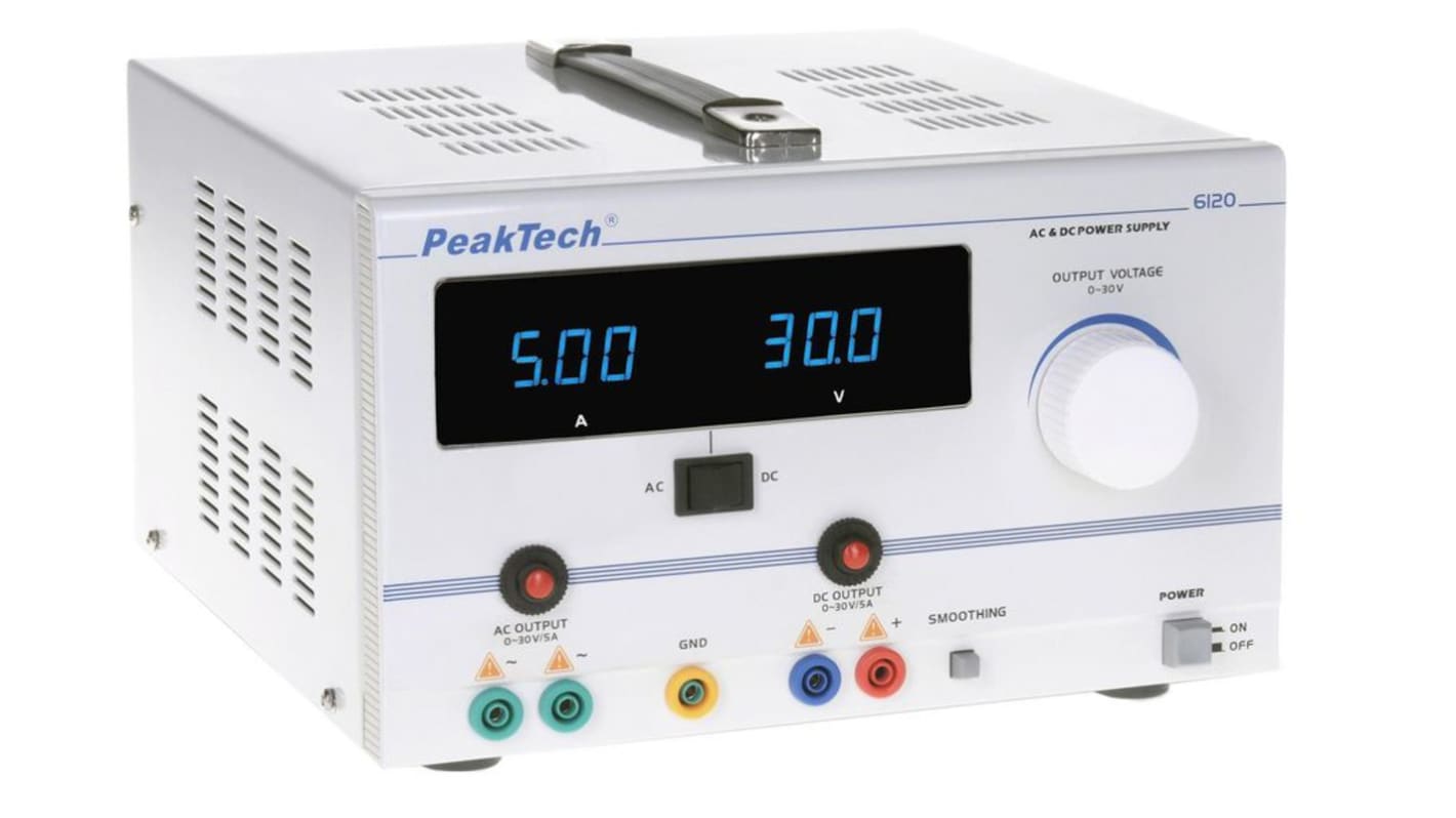 Alimentatore da banco PeakTech P6120, 2 uscite, 0 → 30V, 0 → 5A, 150W