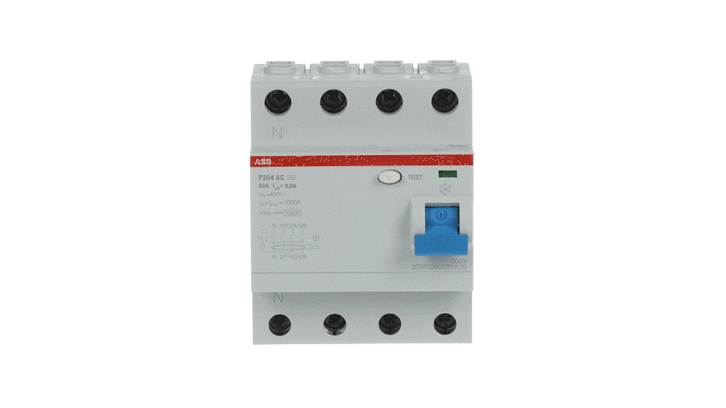ABB F200 RCCB, 63A, 4 Pole, 230/400V ac