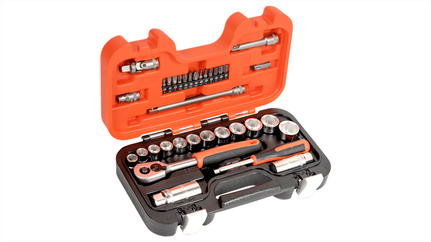 Bahco 34-Piece Metric 1/4 in; 3/8 in Standard Socket/Bit Set with Ratchet, 6 point; Hex Bit; Phillips Bit; Slotted Bit