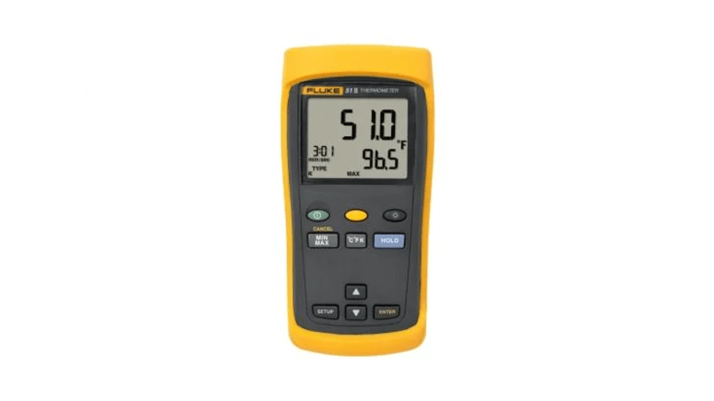 Fluke 51 II Wired Digital Thermometer for Industrial Use, E, J, K, N, R, S, T Probe, 1 Input(s), +1767°C Max, ±(0.05 %