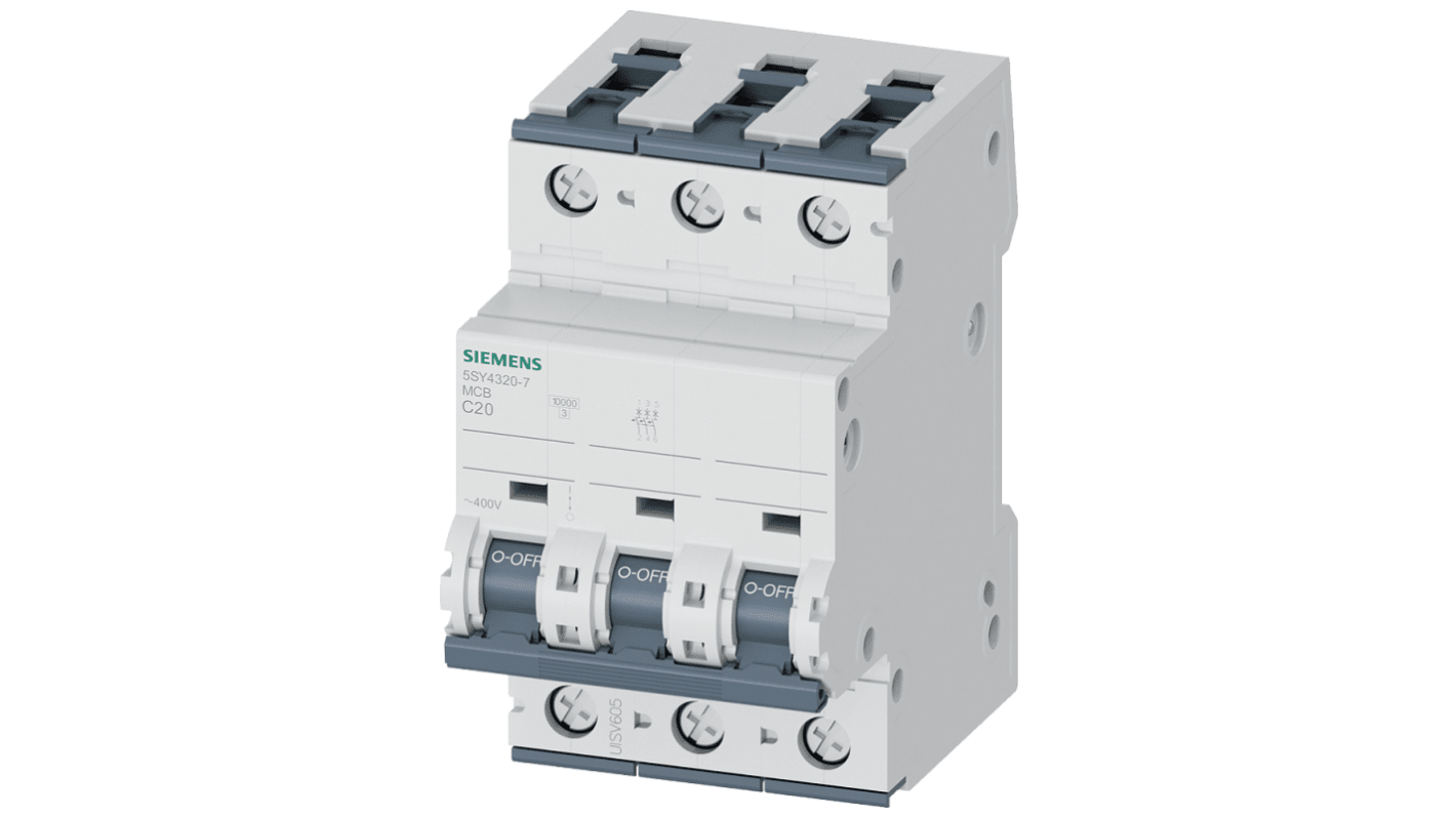Siemens C型MCB, 3极, 10 kA分断, 20A, 440VAC, 5SY4系列