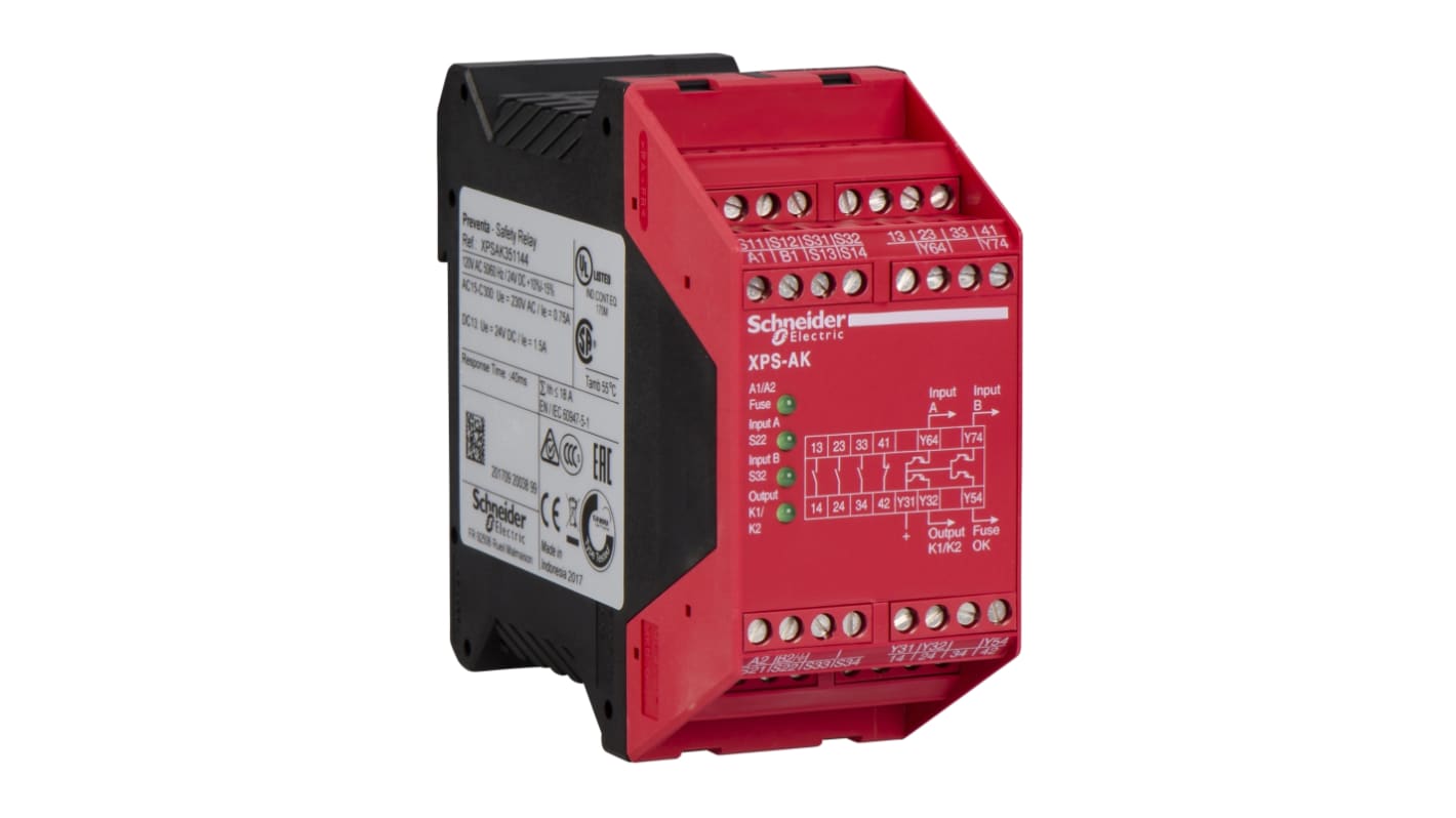 Schneider Electric Preventa XPS XPSAR 2 Auxiliary Contacts Safety Relay 115V ac, Single/Dual-Channel 7 Safety Contacts