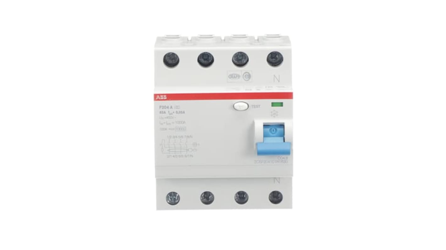 ABB F200 RCCB, 63A, 4 Pole, 30mA, Type A, 230/400V ac