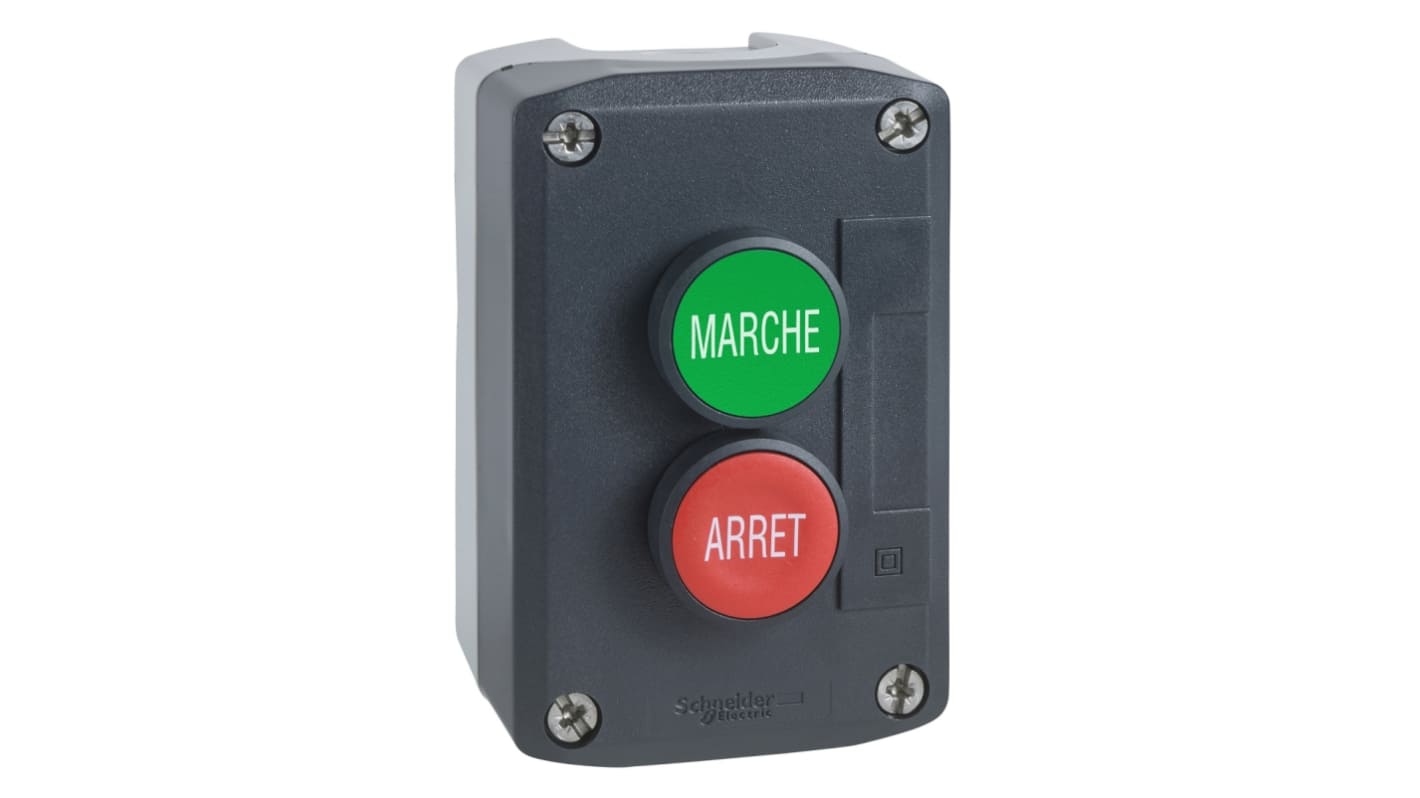 Schneider Electric Spring Return Enclosed Push Button - SPST, SPST, Polycarbonate, Green, Red, ARRET, MARCHE, IP66,