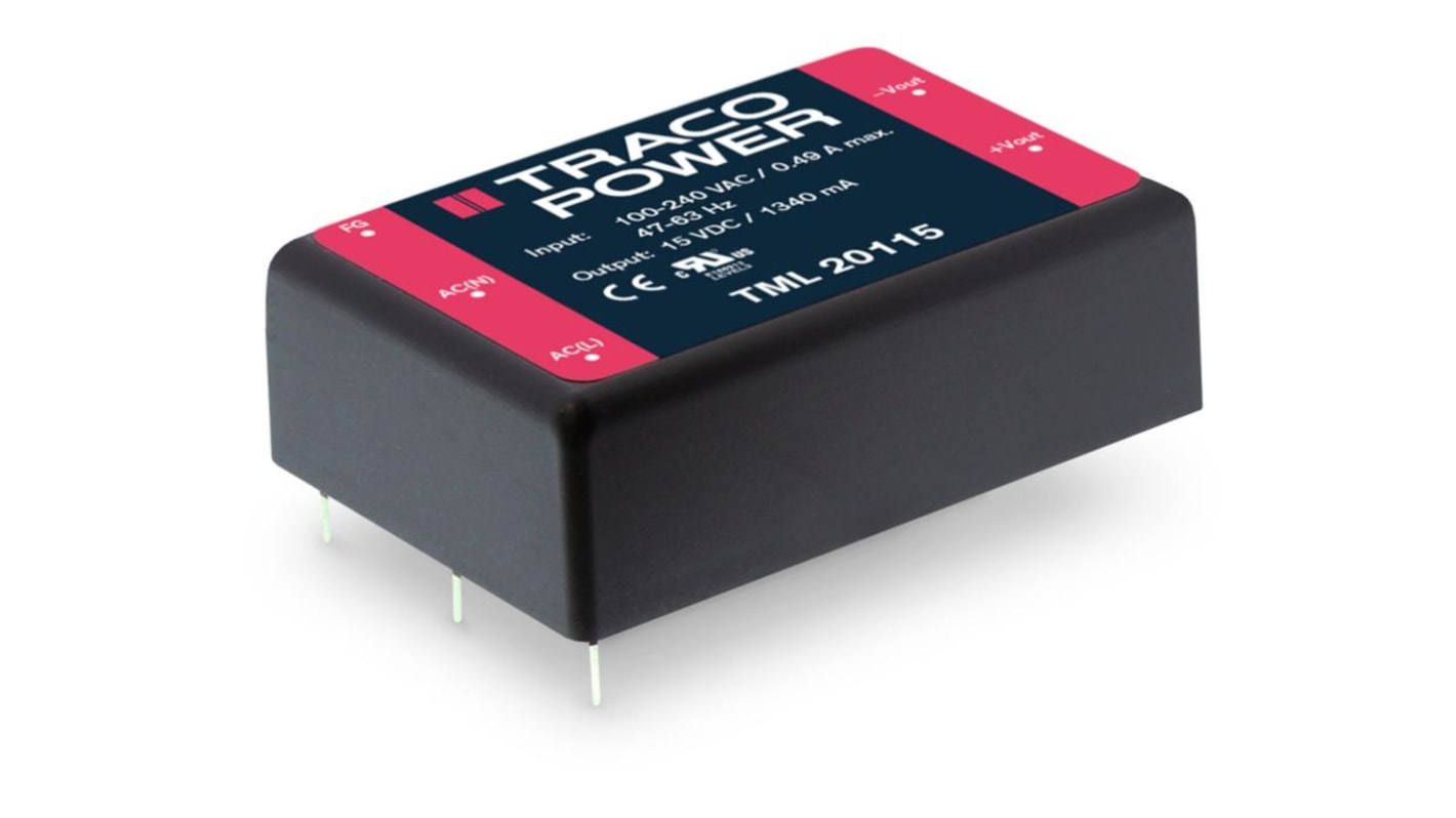 TRACOPOWER Switching Power Supply, TML 20115, 15V dc, 1.34A, 20W, 1 Output, 100 → 375 V dc, 90 → 264 V ac
