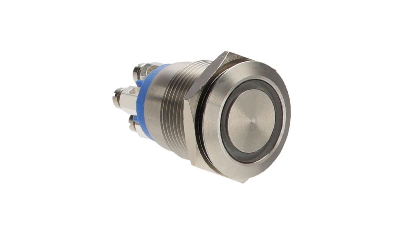 Bulgin MPI002 Series Illuminated Push Button Switch, Momentary, Panel Mount, 19.2mm Cutout, SPST, Blue LED, 24V dc, IP66