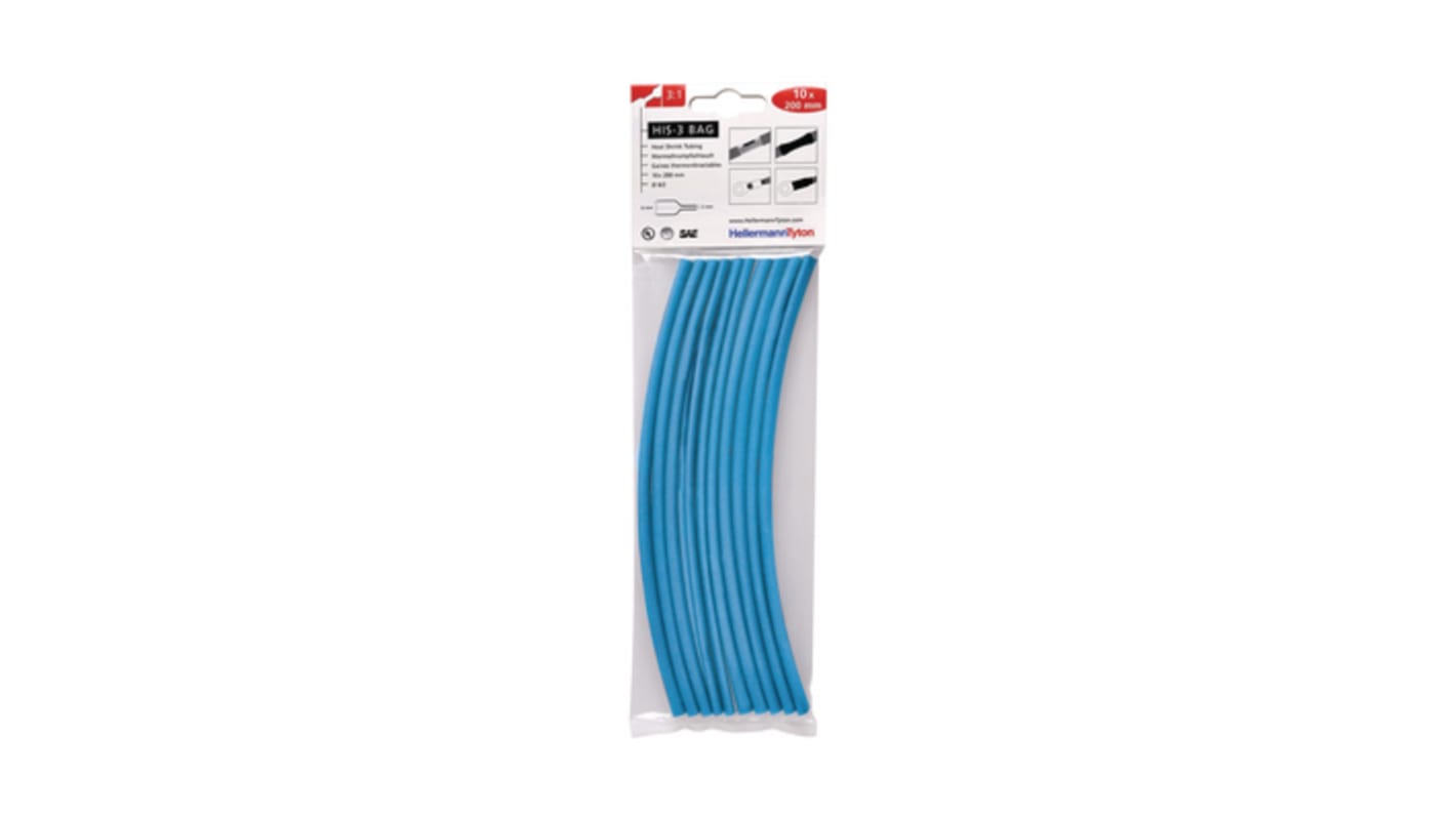 HellermannTyton Heat Shrink Tubing, Blue 6.4mm Sleeve Dia. x 200mm Length 3:1 Ratio, HIS-3 BAG Series