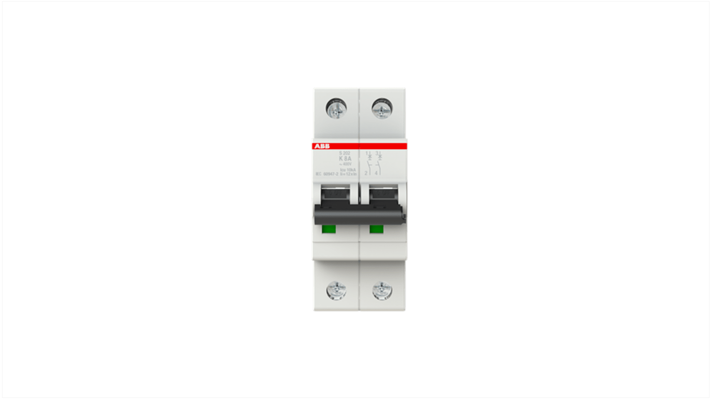 ABB K型MCB, 2极, 6 kA分断, 8A, 400VAC, 110VDC, S200系列 S202-K8