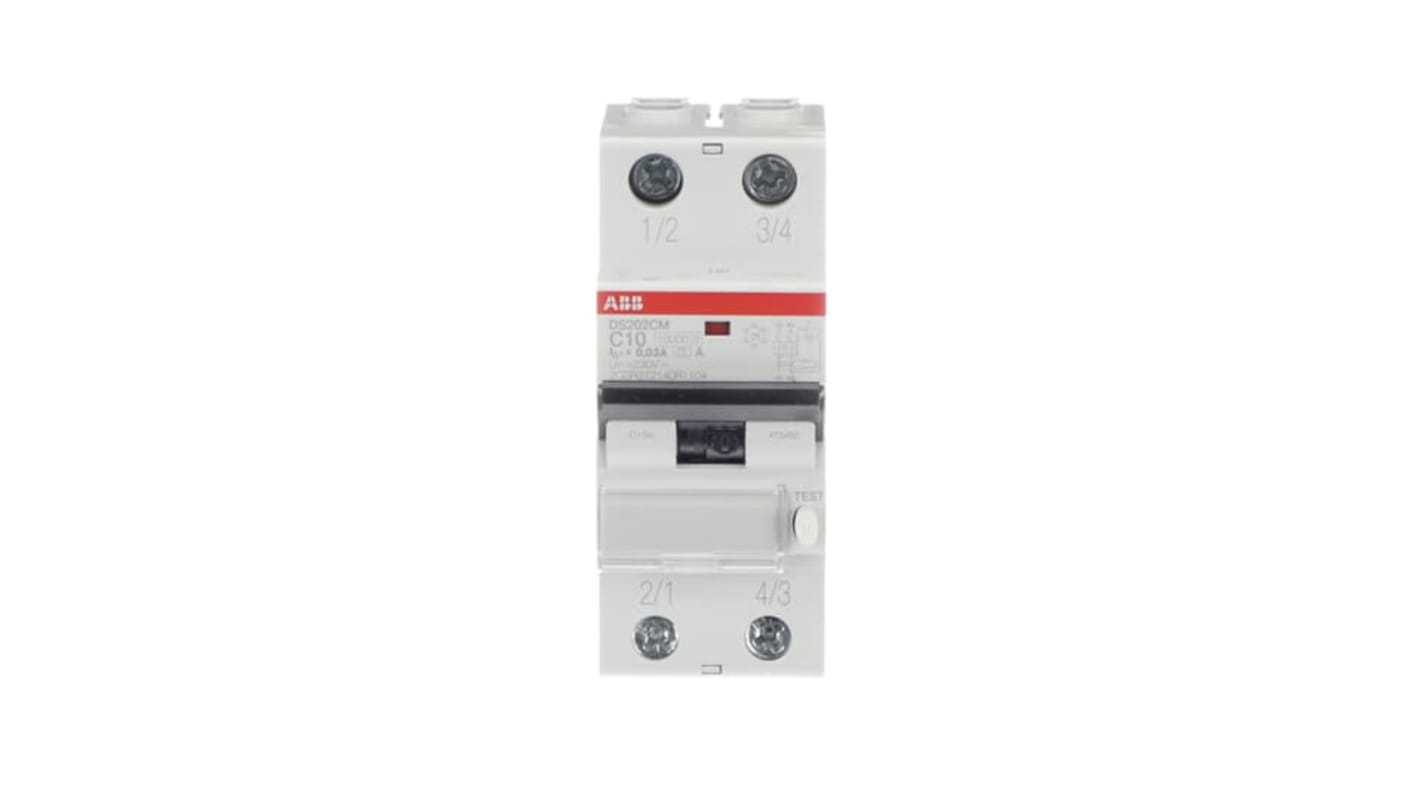 ABB RCBO, 10A Current Rating, 2P Poles, 30mA Trip Sensitivity, Type C, System Pro M Compact Range