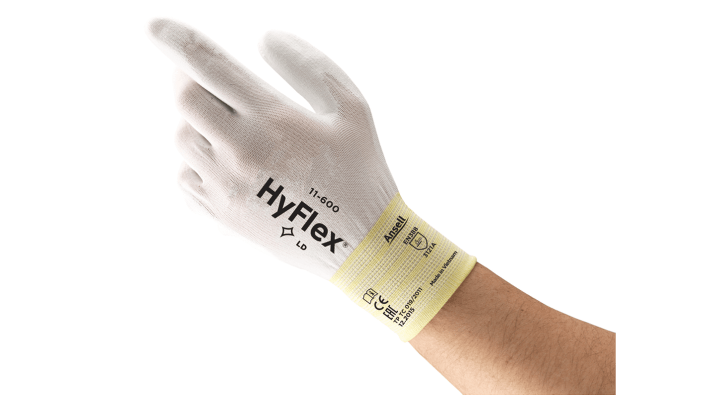 Ansell HyFlex 11-600 White Nylon General Purpose Work Gloves, Size 8, Polyurethane Coating